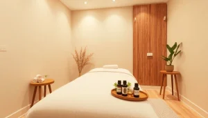 편안한 분위기와 에센셜 오일이 있는 마사지 치료실.