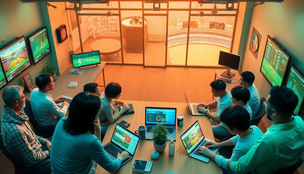 Engaging and secure betting community scene representing 슈어맨2 with modern office elements and diverse discussions.