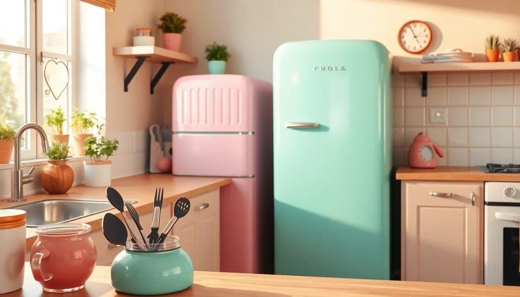 Showcasing a retro appliance, this pastel fridge adds nostalgic charm to a modern kitchen.