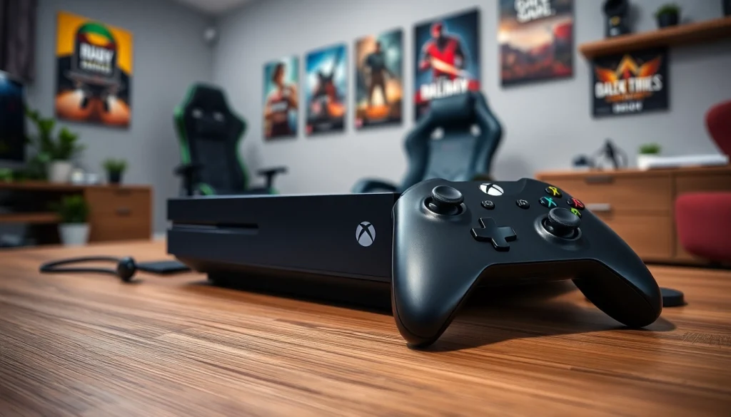 Grający na Xbox w nowoczesnym otoczeniu z efektownym sprzętem.