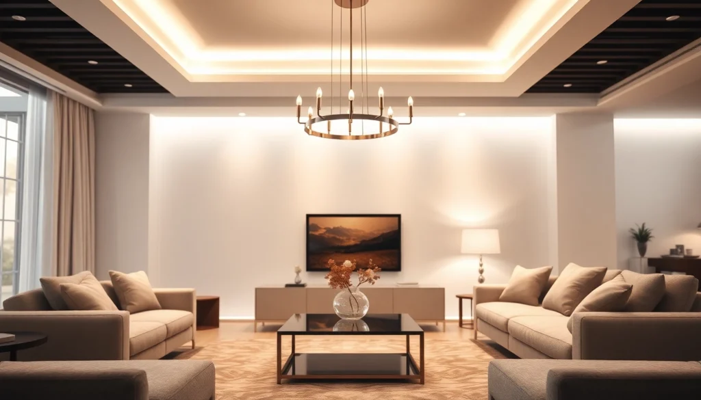 Sleek Illumination chandelier illuminates a modern living room with a cozy ambiance.