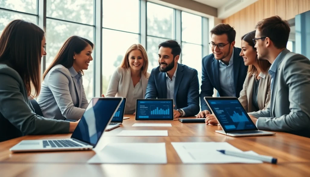 Engaged professionals discussing Contract Management in a modern office setting.