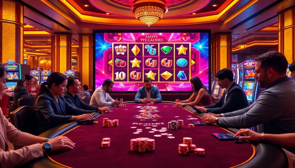 Engaging players enjoying pg slot games at a luxurious casino table with vibrant graphics.