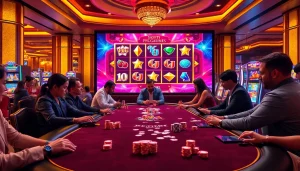 Engaging players enjoying pg slot games at a luxurious casino table with vibrant graphics.