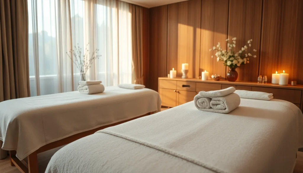 부드러운 조명과 차분한 장식이 특징인 송도마사지의 아늑한 마사지 룸 설정.