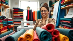 Bekijk dames stoffen online met kleurrijke stoffen en een professionele naaister in een gezellige studio.