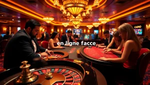 Joueurs engagés dans un casino en ligne France animé, profitant de la roulette et du blackjack.