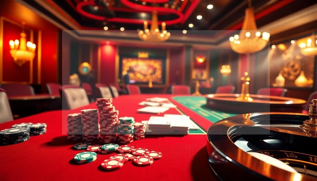 Une scène de jeu palpitante mettant en avant le casino en ligne France avec des jetons de poker et des roues de roulette, diffusant de l'excitation.