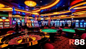 Experience the thrill of gambling at RR88 with a vibrant casino atmosphere showcasing roulette tables and slot machines.
