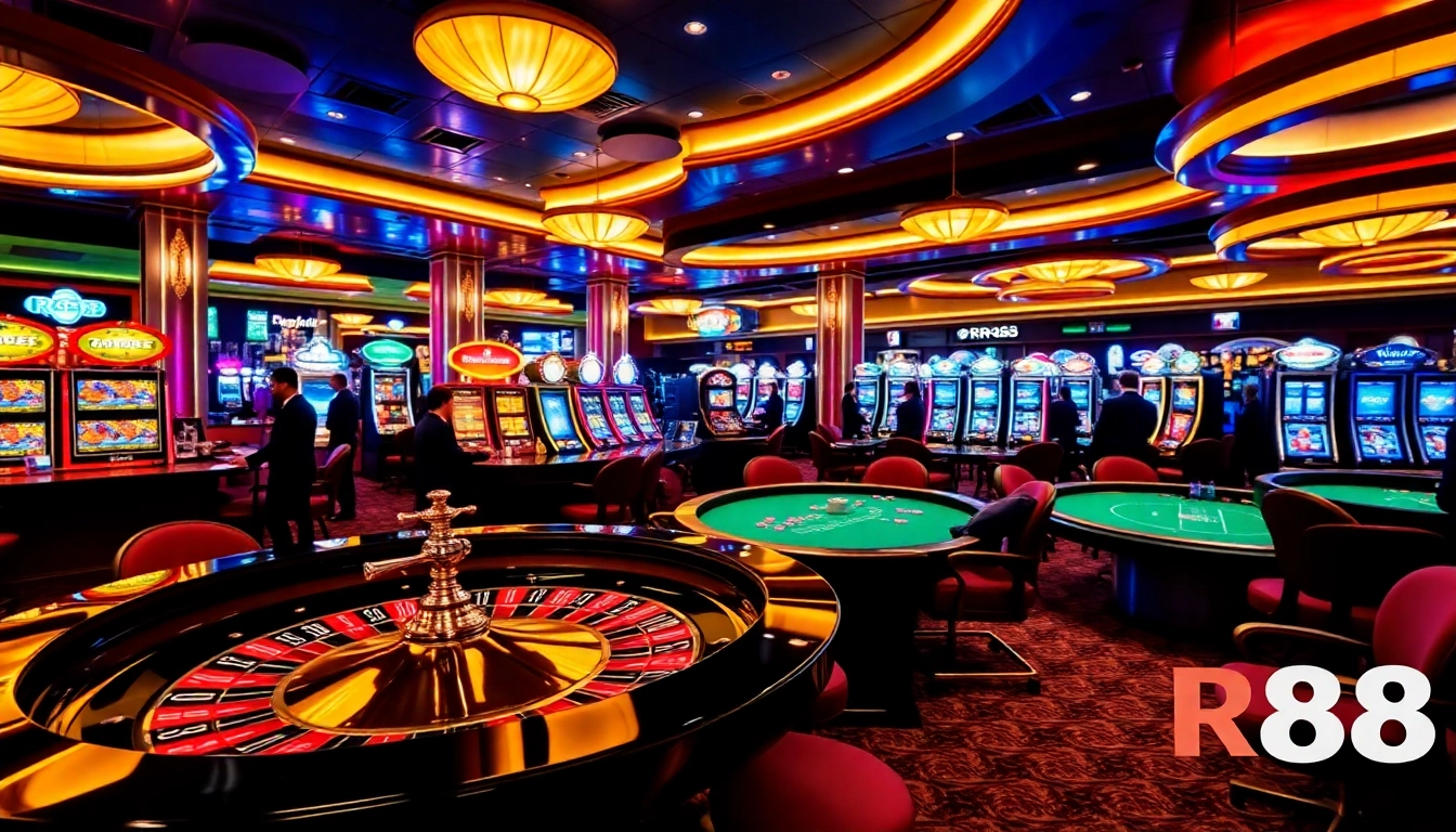 Experience the thrill of gambling at RR88 with a vibrant casino atmosphere showcasing roulette tables and slot machines.