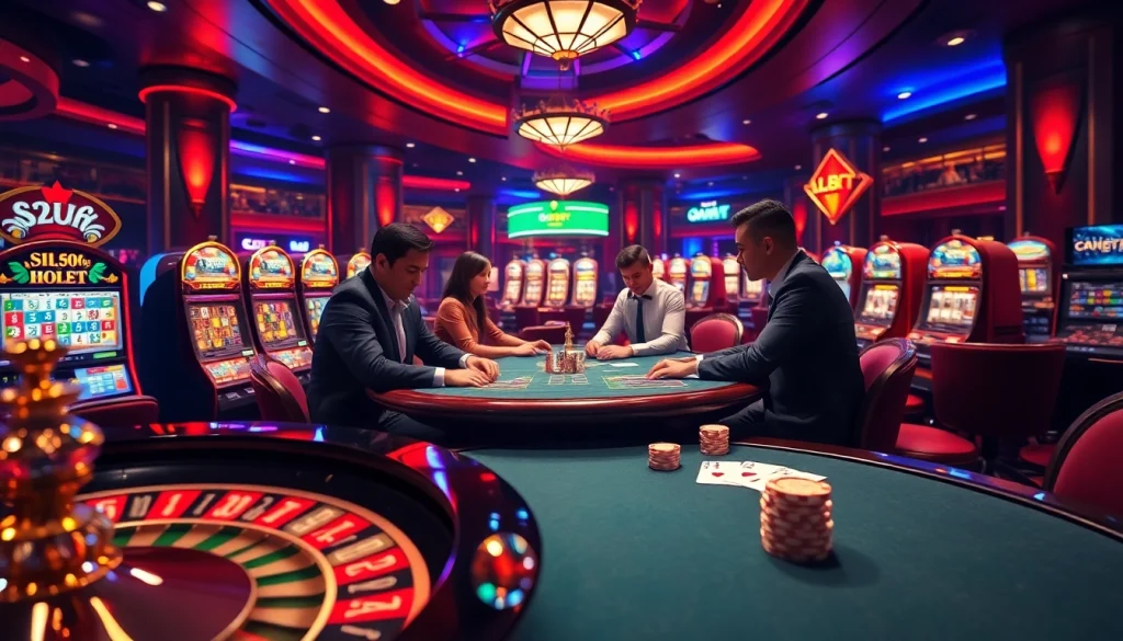 Exciting game at nhà cái 28bet poker table featuring professional players and vibrant casino elements.