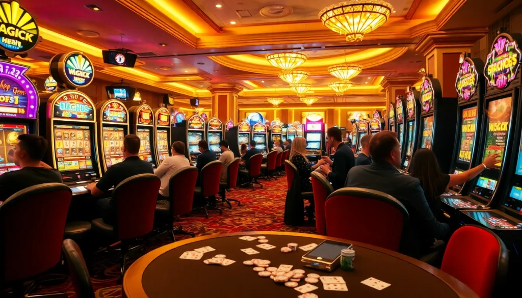 Players celebrating wins at luxurious slot gacor machines in a vibrant casino atmosphere.