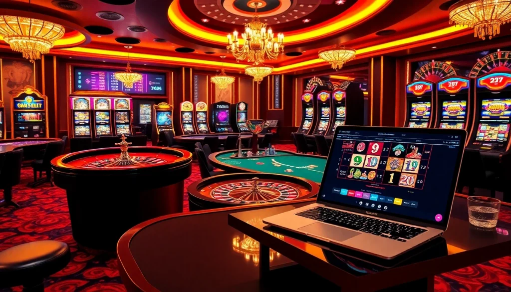 Vivez l'excitation du casino en ligne France avec une configuration de jeu luxueuse comprenant des tables de poker et une roulette.