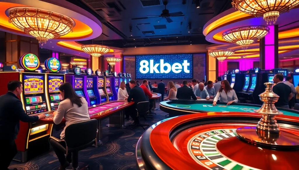Players enjoying an engaging casino experience at 8kbet with vibrant tables and slot machines.