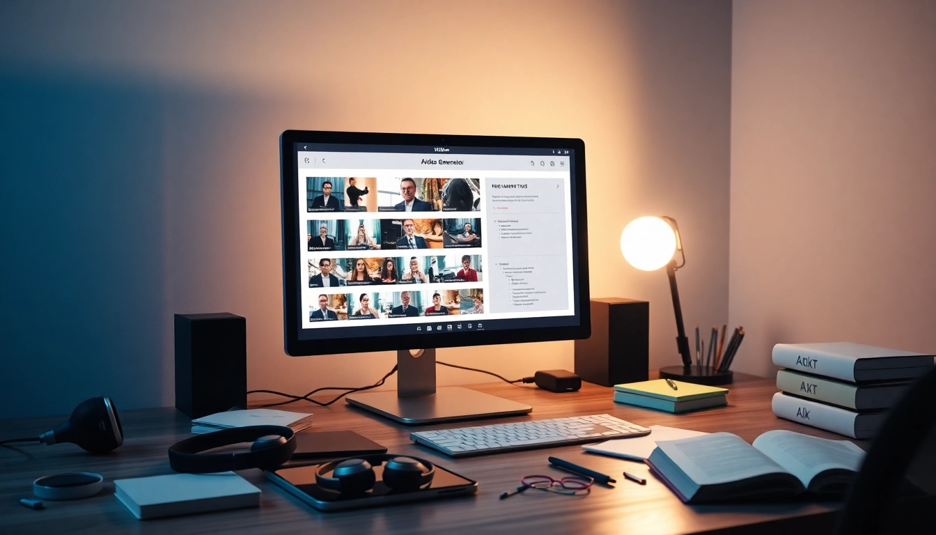 Professional workspace with video to promptgenerator interface and modern tech elements