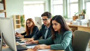 Students using online exams help in a bright study space, surrounded by study materials.