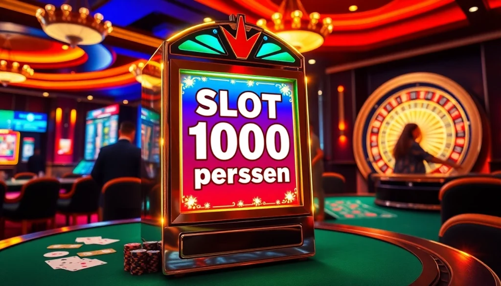 Pemain yang antusias menikmati bonus slot 100 persen di lantai kasino yang ramai.