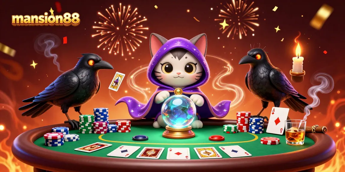 Experience the thrill of mansion88 with magical casino characters amidst poker action and vibrant celebrations.