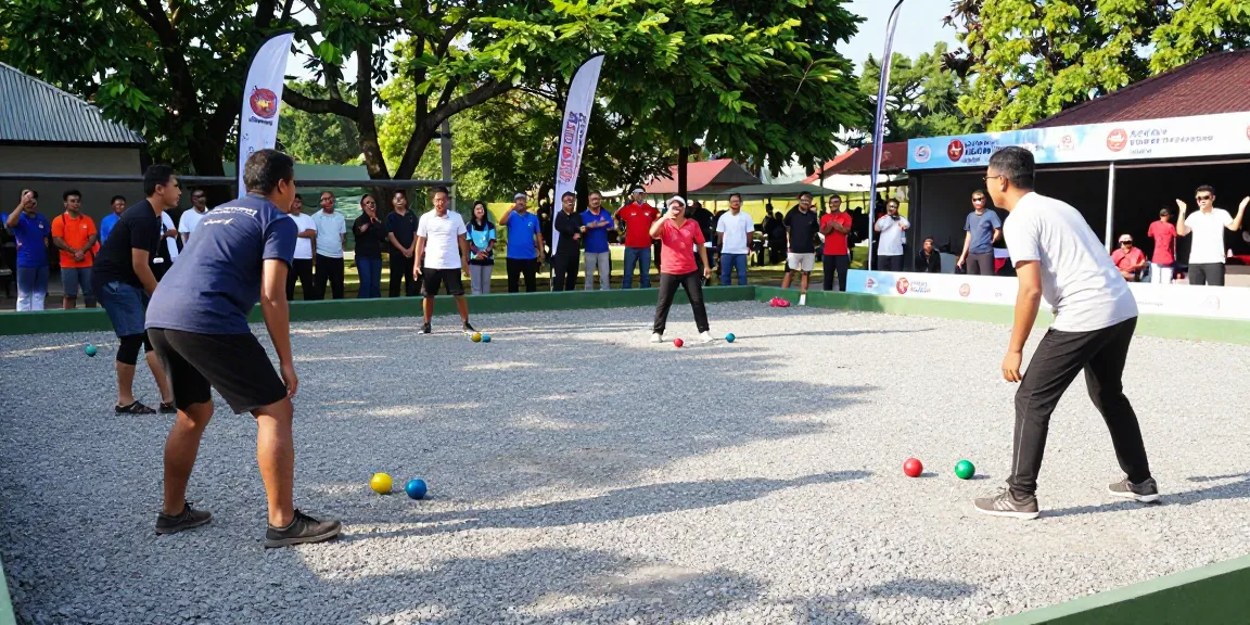 Permainan petanque di fopikotaparepare.org yang melibatkan tim kompetitif dengan penonton dan suasana ceria.