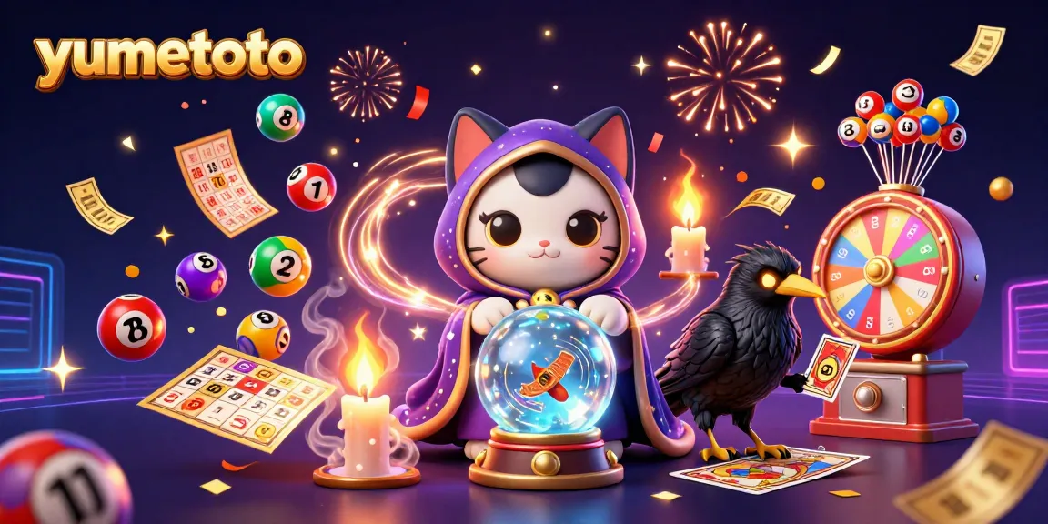 Memenangkan lotere seru di yumetoto dengan ramalan angka, bola lotere berwarna, dan tiket emas.