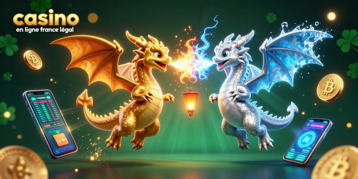 Casino en ligne France légal : dragons 3D entourés de cryptomonnaies illuminées.