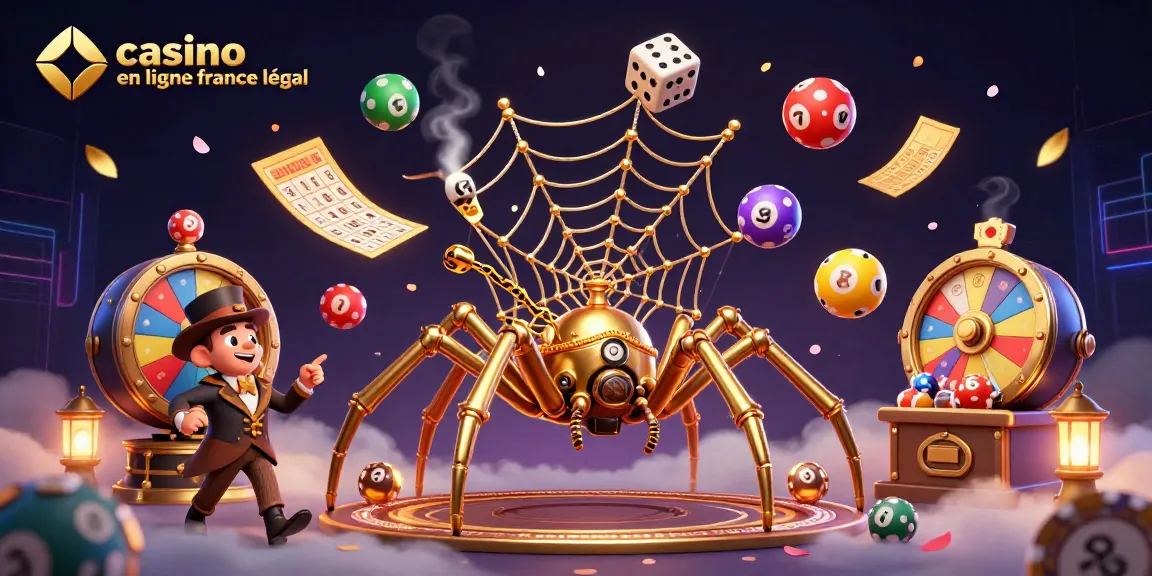 Illustration d'un casino en ligne légal en France avec une araignée dorée et des éléments de loterie dynamique.