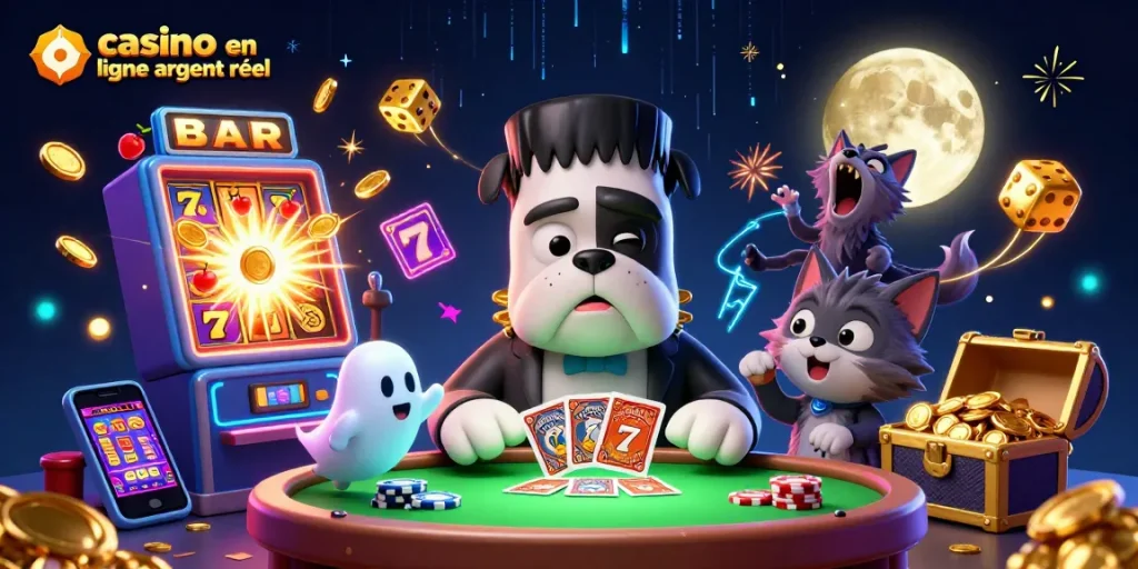 Jouez avec le casino en ligne argent réel grâce à un bulldog Frankenstein distribuant des cartes.