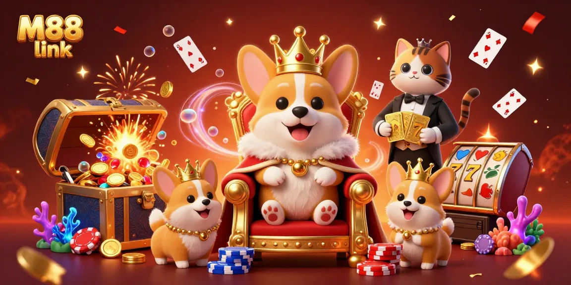 Experience M88 link through an engaging 3D casino-themed illustration filled with colorful characters and elements.
