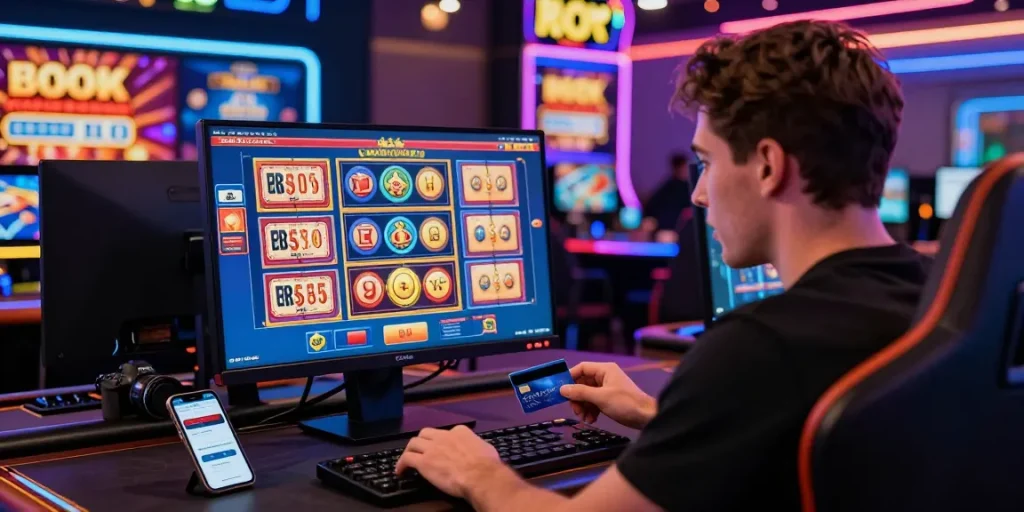 Engaging in credit card casinos with vibrant gaming backdrop and bonuses.