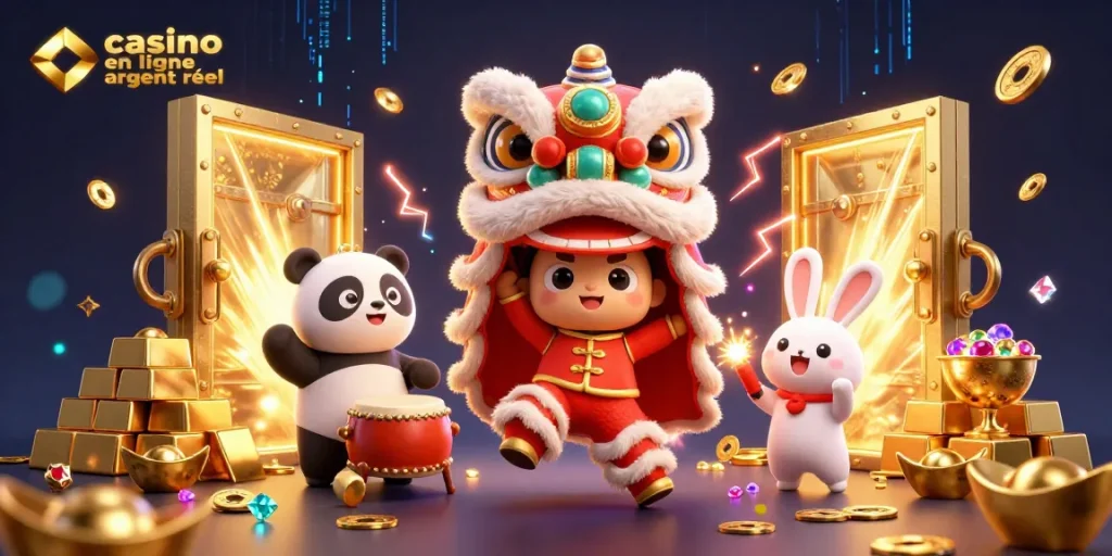 Explorez le casino en ligne argent réel dans une scène festive rythmée par des personnages animés et des trésors scintillants.