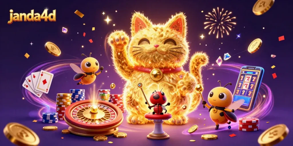 Permainan slot online janda4d dengan cat keberuntungan yang dikelilingi koin keemasan dan simbol kasino.