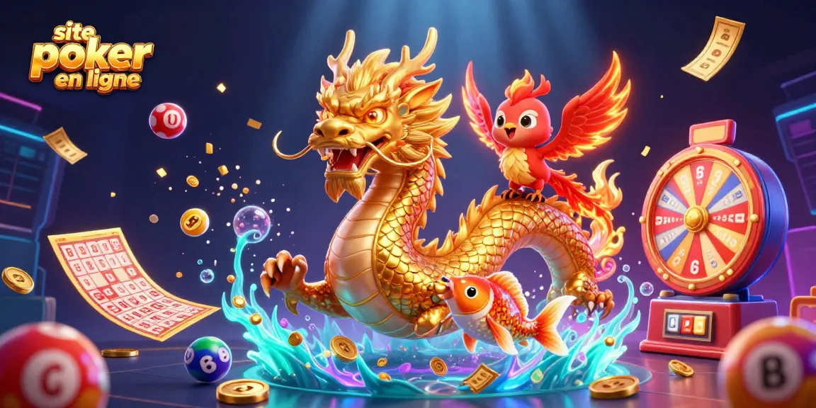 Jouez sur un site poker en ligne avec un dragon doré et un phoenix, entourés de jeux d'argent.