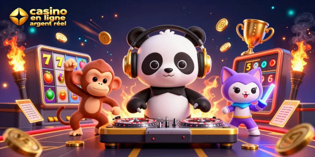 Plongez dans l'univers captivant du casino en ligne argent réel avec des personnages animés et des éléments de jeu dynamiques.