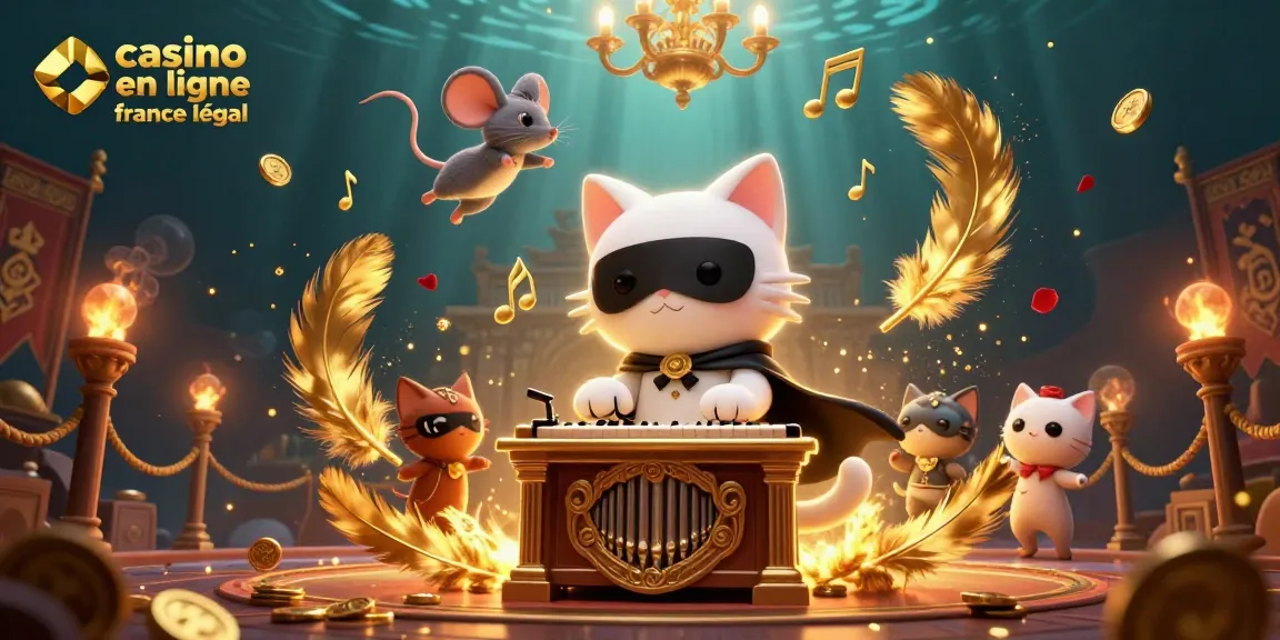 Illustration animée représentant un casino en ligne légal en France, avec un chat masqué et un acrobate, entourés de lumières et de pièces d'or.