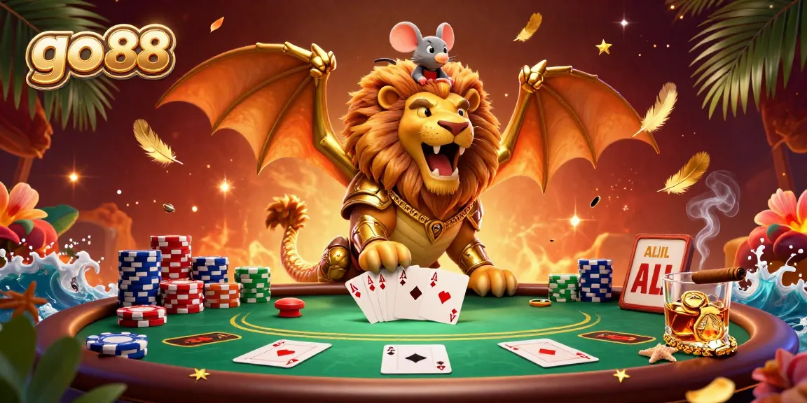 Engage with thrilling go 88 poker action featuring a golden chimera and mouse jockey in vibrant casino elements.
