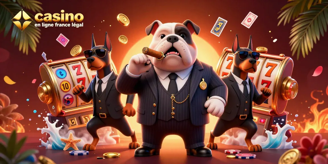 Capture de l'illustration 3D d'un casino en ligne légal, mettant en scène un bulldog en costume avec deux dobermans, entourés de jetons et de cartes.