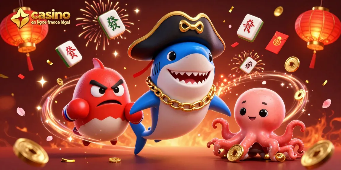Illustration animée de casino en ligne France légal avec un requin pirate et des éléments de jeu.