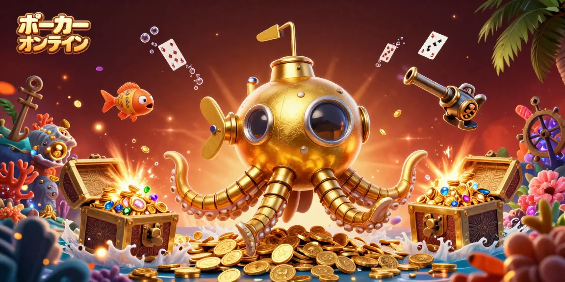 ポーカーオンラインおすすめの美しい3Dイラスト、海の中で金色のクラケンがコインの海から浮かび上がるシーン