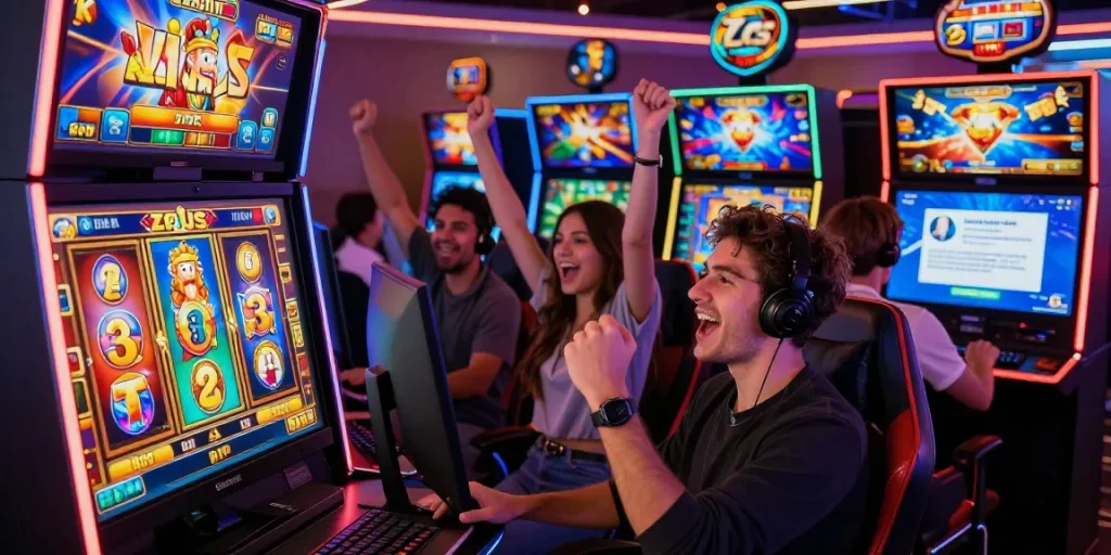 Excited players enjoying slot zeus gaming experience in a vibrant online casino atmosphere