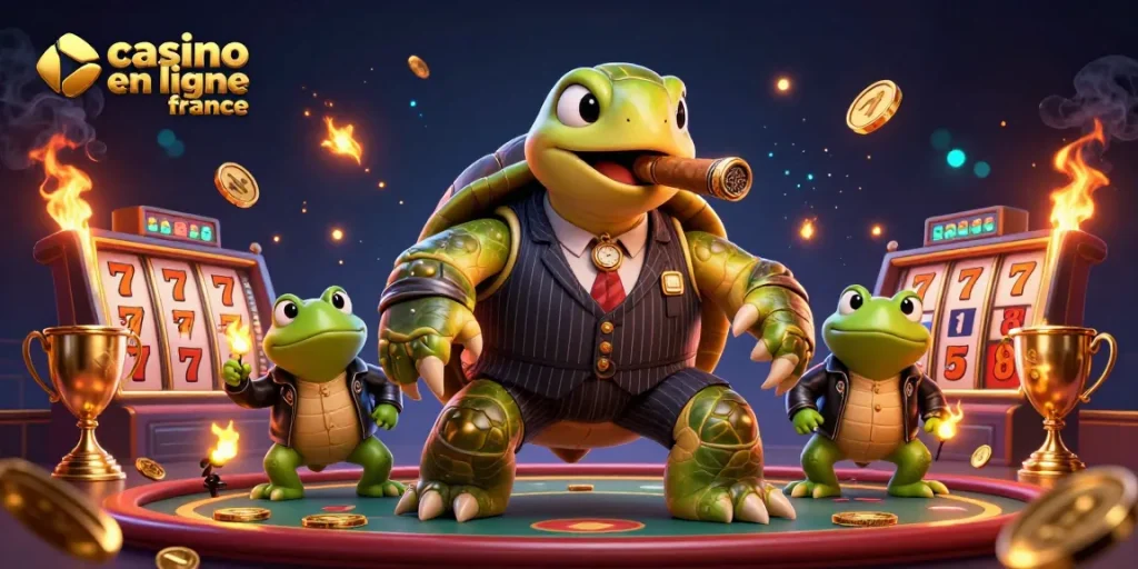Profitez d'une expérience de casino en ligne France avec une tortue associée à des jeux de casino.