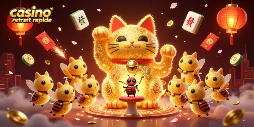 Profitez d'un casino retrait rapide avec une illustration dynamique de lucioles dorées et de symboles de jeu.