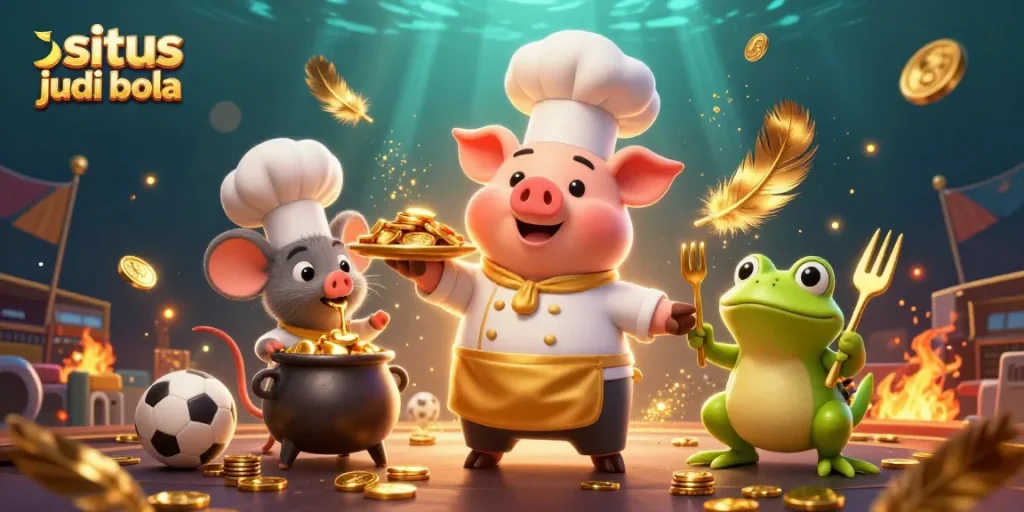 Action-packed sports betting scene with situs judi bola featuring pig chef and mouse sous-chef.