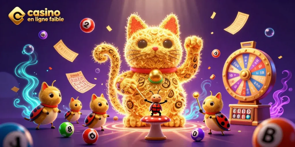 Jouez à des jeux dans un casino en ligne fiable entouré de symboles chanceux et de tickets d'or.