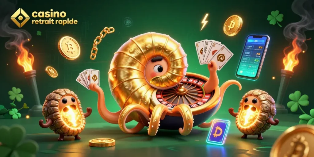 Obtenez un retrait rapide au casino avec cette illustration vibrante et dynamique, mettant en avant des éléments numériques et des personnages captivants.
