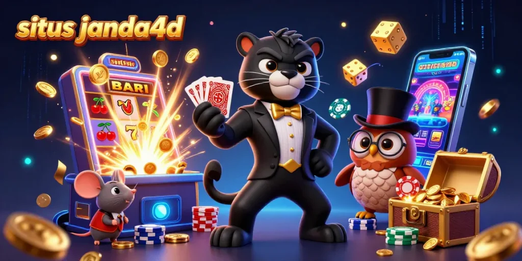 Situs Janda4D menawarkan permainan kasino online menarik dengan karakter kartun yang mengambil kartu dan chip, menunjukkan keseruan bermain.