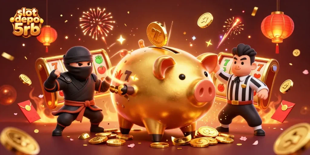 Engage in the thrill of slot depo 5rb with vibrant gaming visuals featuring a sumo piggy bank and dynamic casino elements.