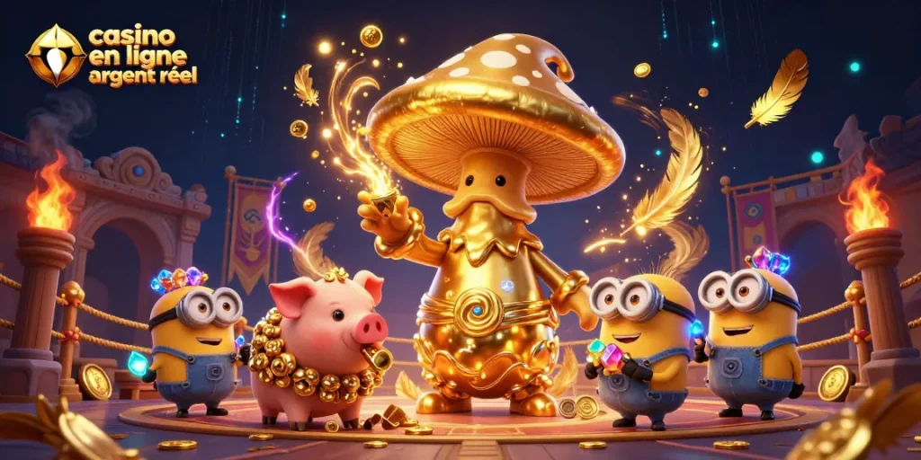 Une illustration dynamique d'un casino en ligne argent réel avec un mage champignon et un cochon truffier cherchant des trésors.