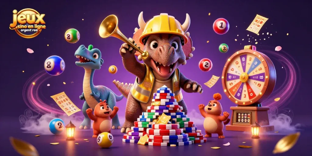 Vivez l'excitation des jeux casino en ligne argent réel avec une illustration joyeuse et dynamique.