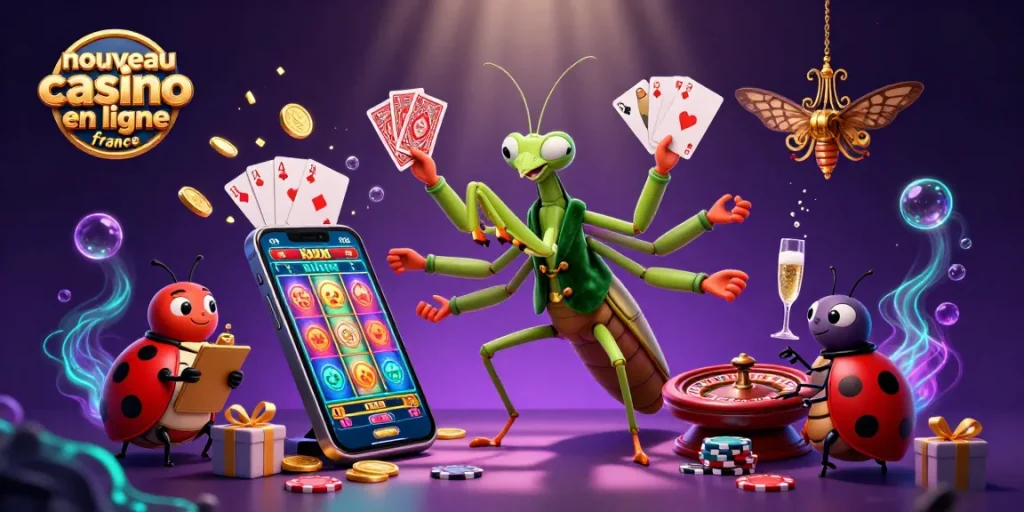 Illustration dynamique d'un nouveau casino en ligne France avec un croupier caméléon et une ambiance festive.