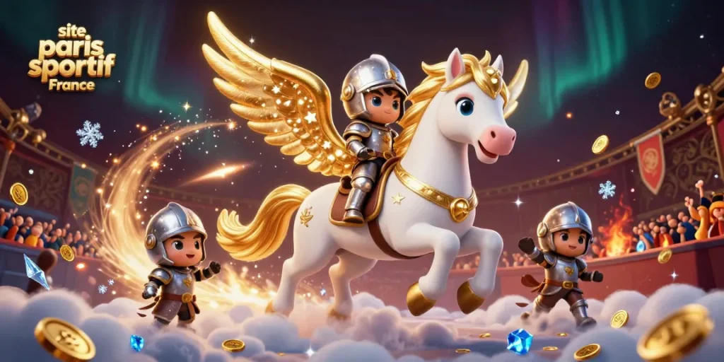 Pariez intelligemment sur le site paris sportif France avec une scène dynamique de cheval céleste et de jetons d'or.